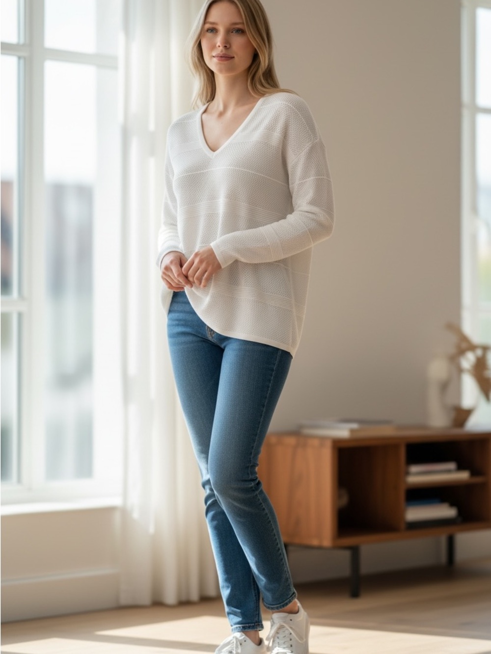 NEW: Designer Brand Lightweight Mesh Knit Pullover V-Neck Sweater in Off-White